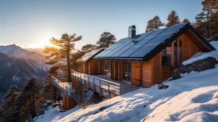 Fototapeta premium Eco-Friendly Cabin with Solar Panels in Snowy Mountains