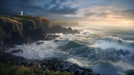 Coastal Serenity: Sunset at the Lighthouse with Soaring Seagulls, Generative AI illustration