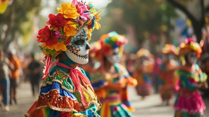 A colorful parade with costumes, floats, and dancers