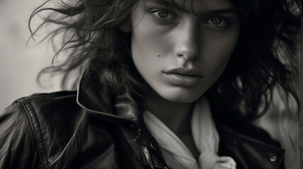 B&W portrait of fashion model in haute couture leather jacket and outfit. on location editorial magazine shoot.