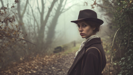 Victorian murder mystery. A female detective in the fog searching for clues in the United Kingdom. In the style of a panoramic movie still. Heroine is the main character. - obrazy, fototapety, plakaty
