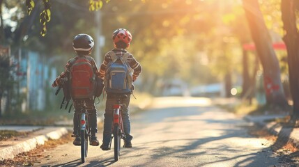 Two boys with backpacks on bicycles going to school