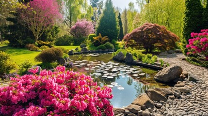Beautiful garden with blooming flowers and a small pond