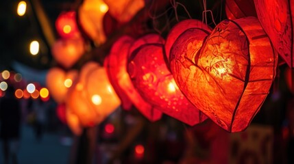 Heart-shaped paper lanterns at a Valentine's Day night market