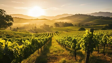 A scenic vineyard at sunrise with rolling hills and grape vines