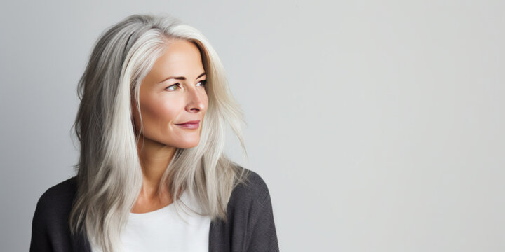 Middle aged woman with beautiful white hair, copy space
