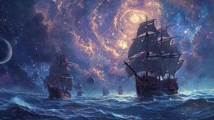 A whimsical depiction of space-faring galleons exploring the cosmic sea - obrazy, fototapety, plakaty