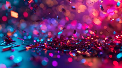 Obraz na płótnie Canvas Colorful background with neon confetti. Confetti flies in the air on a bright background. Dynamic image conveys the energy and excitement of the festive celebration
