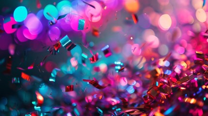 Colorful background with neon confetti. Confetti flies in the air on a bright background. Dynamic image conveys the energy and excitement of the festive celebration - obrazy, fototapety, plakaty
