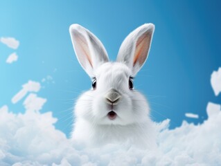White Easter fluffy eared bunny over white foam against a blue wall, stunned rabbit, Easter concept, copy space.