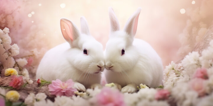 Two loving white bunnies putting their faces together surrounded by pink flowers, on pastel colored magical forest background