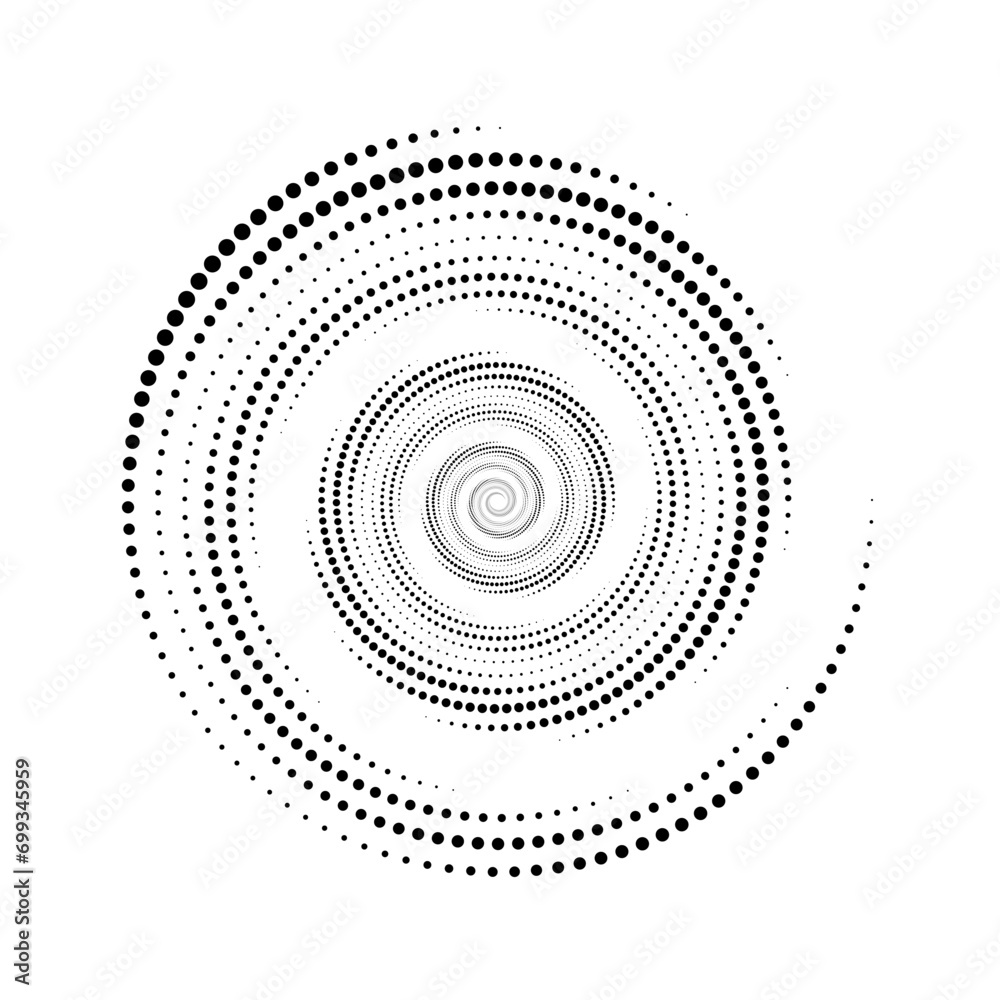 Aufkleber Dotted spiral lines element. Radial spinning halftone form. Circle swirl dots shape. Abstract geometric wheel for poster, banner, logo, icon, collage, presentation, booklet. Vector optical art