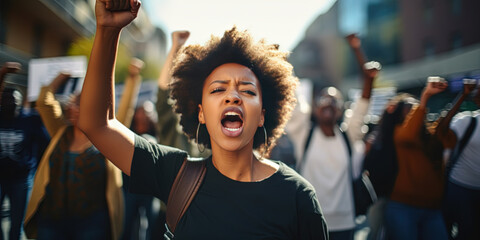Black woman marching in protest with a group of people. Group of people activists protesting on streets, BLM demonstration concept - obrazy, fototapety, plakaty