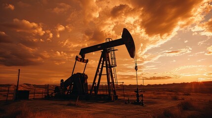 Silhouette of a rig for pumping crude oil against the background of the desert during the evening sunset. Industrial landscape and warm shades of the setting sun
