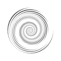 Dotted spiral lines element. Radial spinning halftone form. Circle swirl dots shape. Abstract geometric wheel for poster, banner, logo, icon, collage, presentation, booklet. Vector optical art