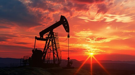 Silhouette of a rig for pumping crude oil against the background of the desert during the evening sunset. Industrial landscape and warm shades of the setting sun