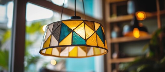 Modern and stylish pendant lamp with colorful geometric details in a close-up view.