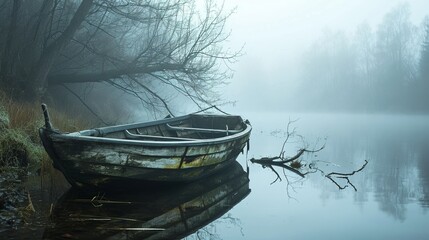 An old lonely boat drifts down the river. A foggy atmosphere of loneliness and mystery