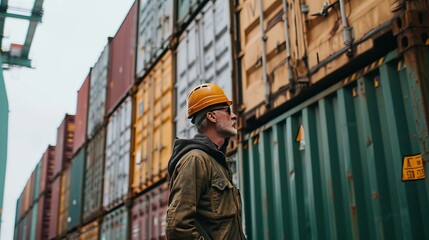 A man at the port is focused on observing the containers. Maritime industry and logistics