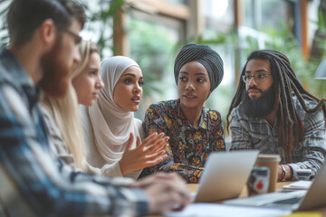 A diverse multiethnic group of people in an important office meeting, moments of cooperation to achieve objectives among co-workers in a professional environment.