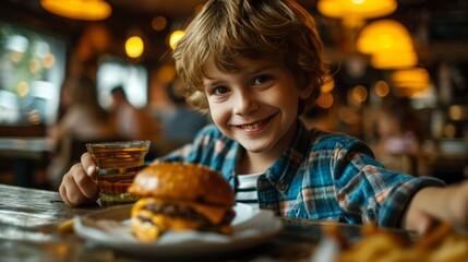 Fototapeta premium A cute and happy 7-year-old cafe boy. Happy boy eating a burger with a cheerful expression on his face
