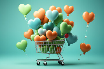 Shopping cart background with heart shaped balloons. E-commerce. St. Patrick's Day and Valentine's concept. Romantic background.	