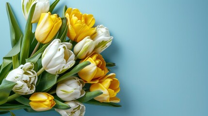 Obraz premium Mother's Day concept. Top view photo of bouquet of white and yellow tulips on isolated pastel blue background with copyspace