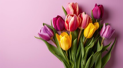 Mother's Day greeting card concept, top view of bouquet of tulips on isolated solid color background with copyspace