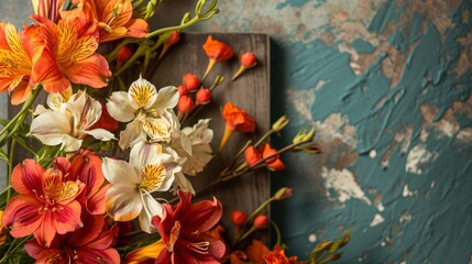 Mother's Day greeting card, professional studio photo of beautiful flowers in side of a picture on festive background with blank space for text