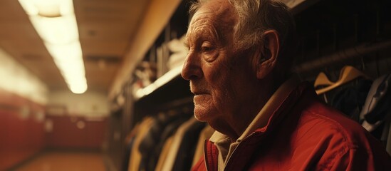 Elderly man speaking in locker room post-football game. - obrazy, fototapety, plakaty