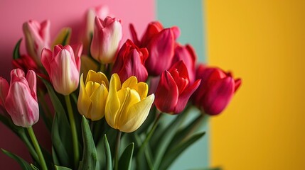 Mother's Day greeting card, professional studio photo of beautiful tulips in side of a picture on festive background with blank space for text