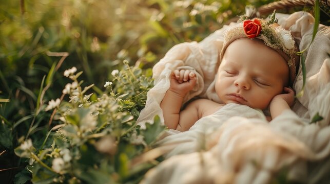 newborn cute baby professional open air summer photoshoot, calm atmosphere, beautiful nature decorations, professional photo