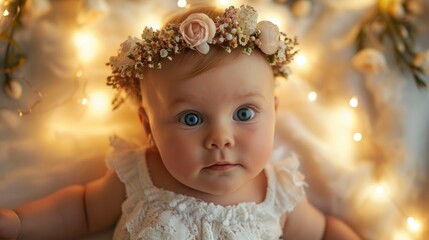 Fototapeta premium pretty blue eyed infant professional studio photoshoot, calm atmosphere, beautiful lite decorations, professional photo, greeting card