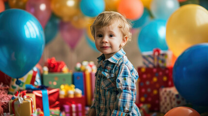 Fototapeta na wymiar Professional photo of best ever birthday party with lots of presents and balloons for a cute little boy