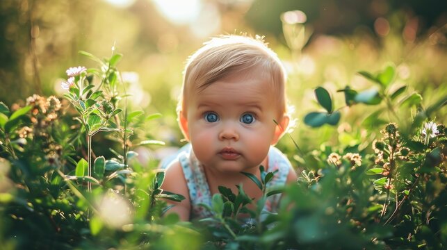 pretty blue eyed infant professional photoshoot, summertime, calm atmosphere, beautiful nature, professional photo