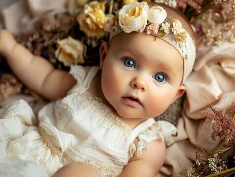 pretty blue eyed infant professional studio photoshoot, calm atmosphere, beautiful decorated background, professional photo