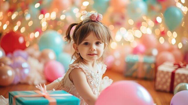 Professional photo of best ever birthday party with lots of presents and balloons for a pretty little girl