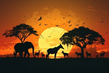 Fototapeta na wymiar animals with sunset 