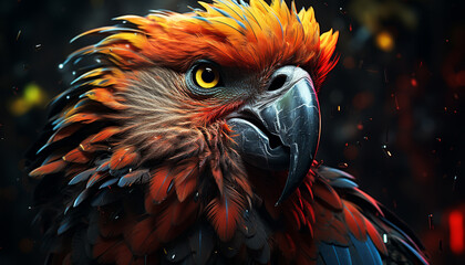 Majestic macaw perching, vibrant feathers, nature beauty in close up generated by AI