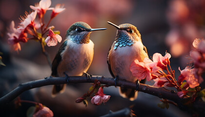 Hummingbird perching on branch, feeding on vibrant flower blossom generated by AI
