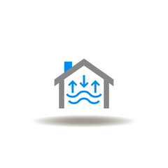 Vector illustration of house with waves and arrows up down. Symbol of smart home air high comfort technology. Icon of HVAC Heating Ventilation Air Conditioning.