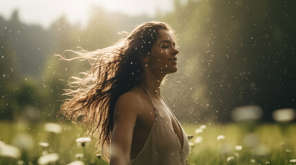 Joyous Dance: Woman Embracing the Spring Rain, Generative AI illustration.