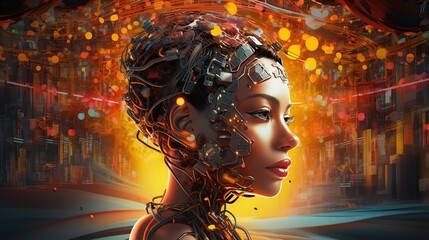 female robot, android face, artificial intelligence concept.white humanoid robot. data network connection background. vector illustration.