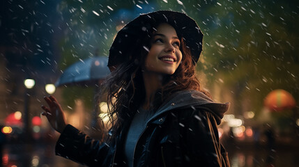 "Urban Bliss: Woman Reveling in the Rain, Generative AI illustration"