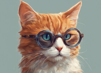 Cat with glasses. Scientist cat. Round glasses. Close-up. Selective focus. AI generated