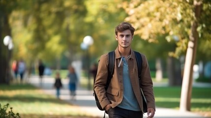 Handsome student man with backpack and books outdoor. Smile boy happy carrying a lot of book in college campus. Portrait male on international University. Education, study, school