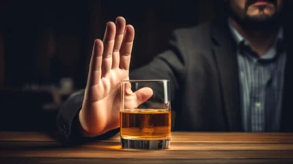 Foto op Canvas man refuses say no and avoid to drink an alcohol whiskey , stopping hand sign male, alcoholism treatment, alcohol addiction, quit booze, Stop Drinking Alcohol. Refuse Glass liquor, unhealthy, reject © pinkrabbit