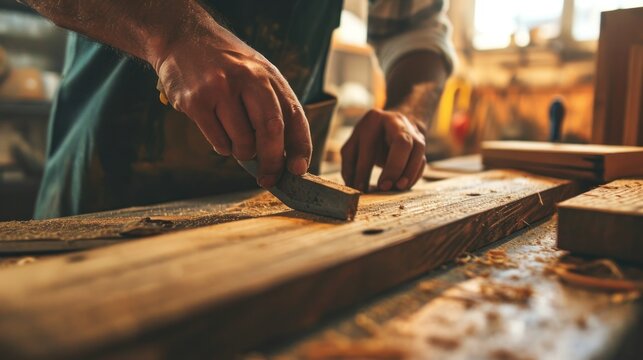 man owner a small furniture business is preparing wood for production. carpenter male is adjust wood to the desired size. architect, designer, Built-in, professional wood, craftsman, workshop.