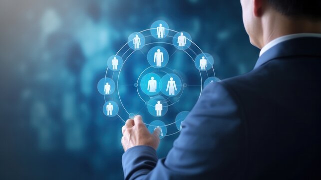 HRM or Human Resource Management, manager icon which is among staff icons for human development recruitment leadership and customer target, resume, interview. generate by AI