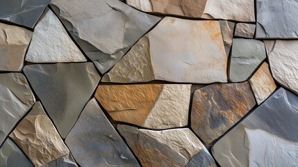 flagstone slate wall design in various colors and textures; a background design showing stonework pre grout - obrazy, fototapety, plakaty
